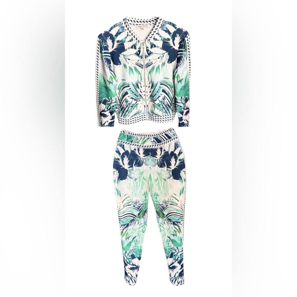 Stretch Tropical Print Cropped Jacket & High-Waist Pants Set - Green/Navy Med